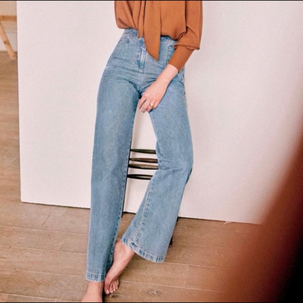 Sézane Organic Cotton Blue Chambray High Waisted Martin Trousers NWT Size US 4